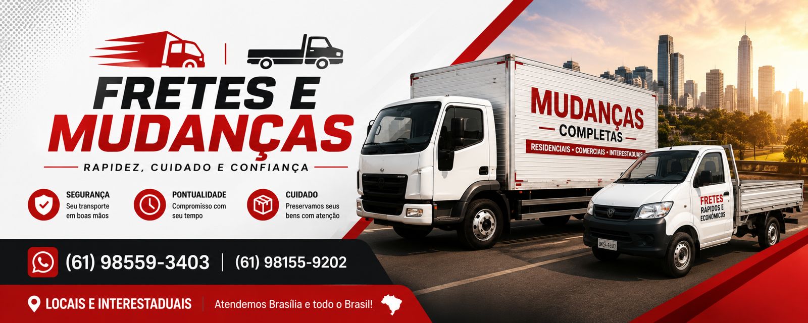 Fernando Mudança — Fretes e mudanças com rapidez, cuidado e confiança. Caminhão grande e veículo para fretes. Mudanças residenciais, comerciais e interestaduais. Atendemos Brasília e todo o Brasil.